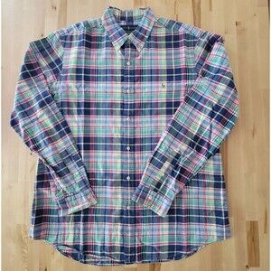 Ralph Lauren Classic Fit Button Down Dress Shirt XL Plaid Red Blue Flesh Pony